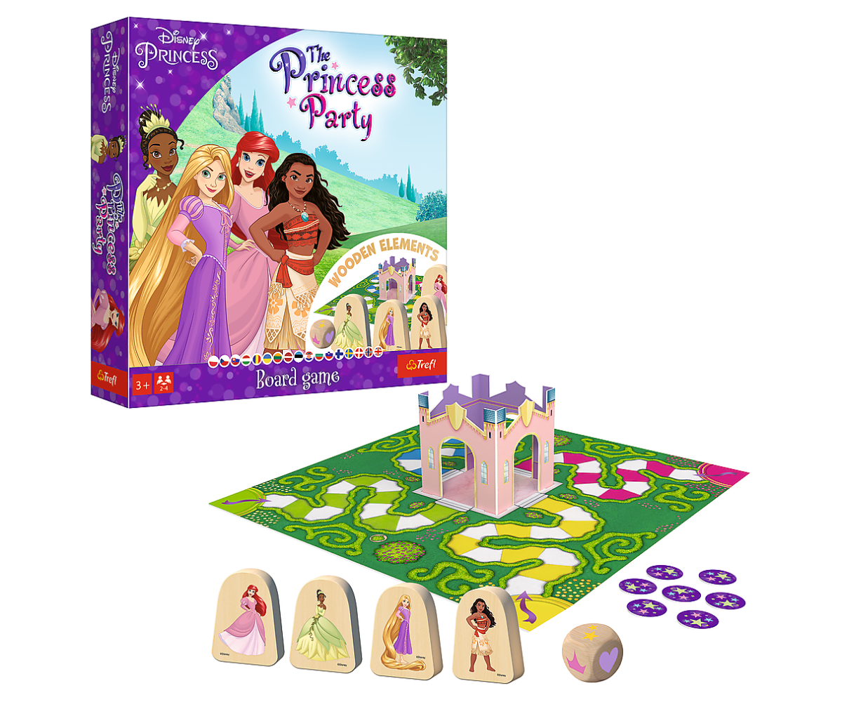 Lauamäng Disney Princess Party – Trefl (3+) koos karbi ja mängude elementidega