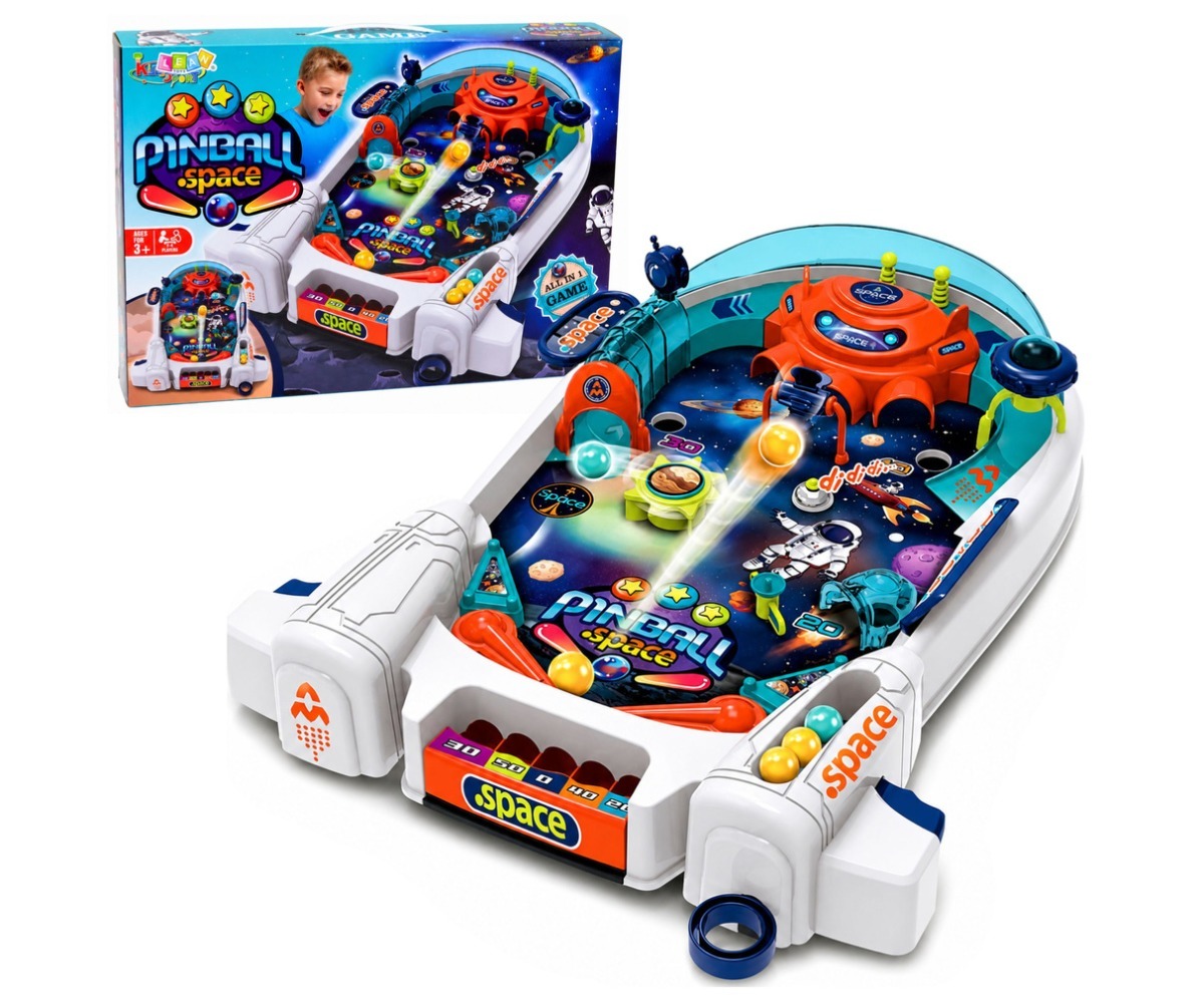 Lauamäng Pinball Space – kosmoseteemaline flipper, mis sisaldab 8 kuuliga mänguelemente ja värvikat kujundust.