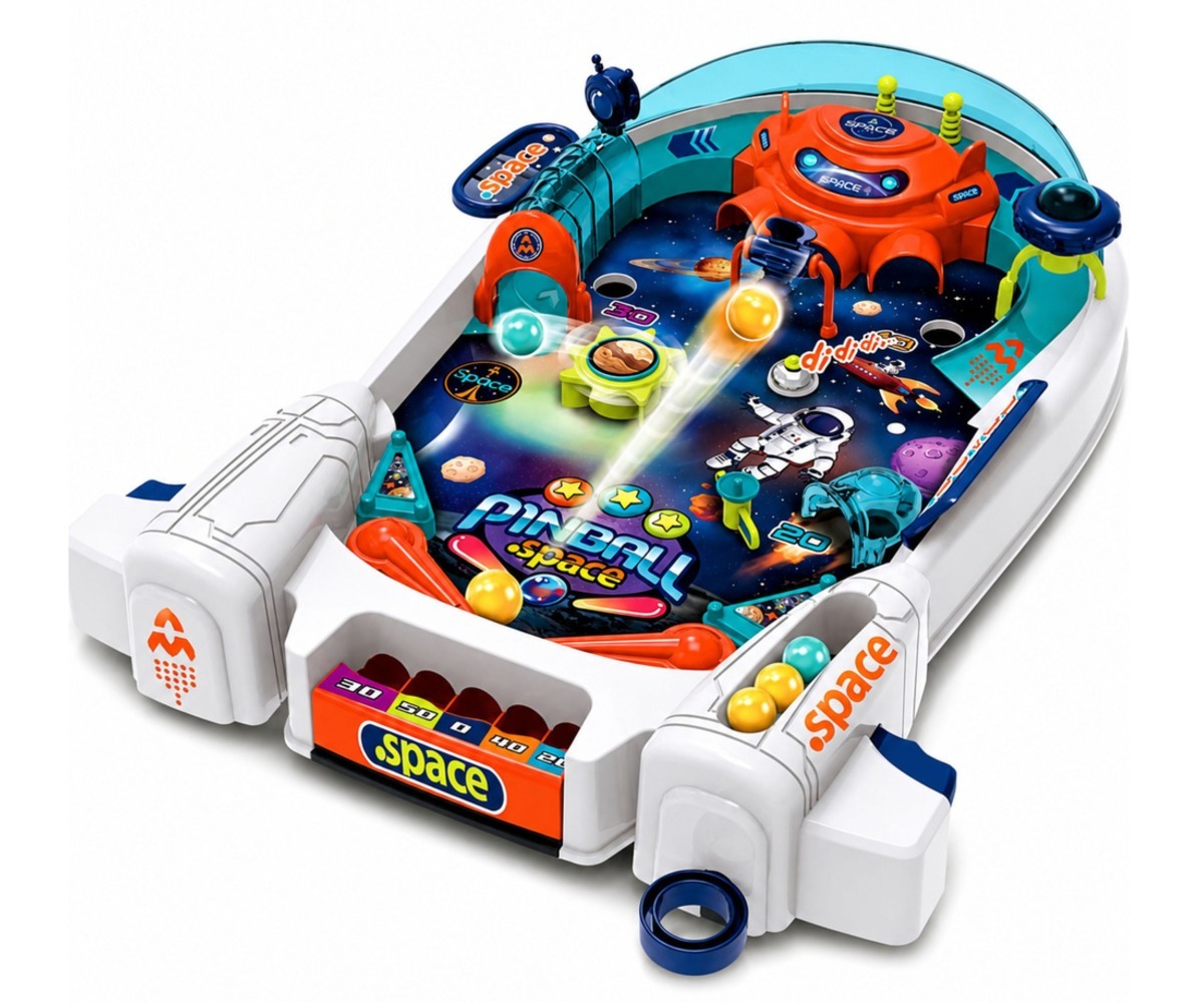 Detailne vaade Lauamäng Pinball Space flipperist, kus näha on mänguliste elementidega kaunistatud mängupinna.