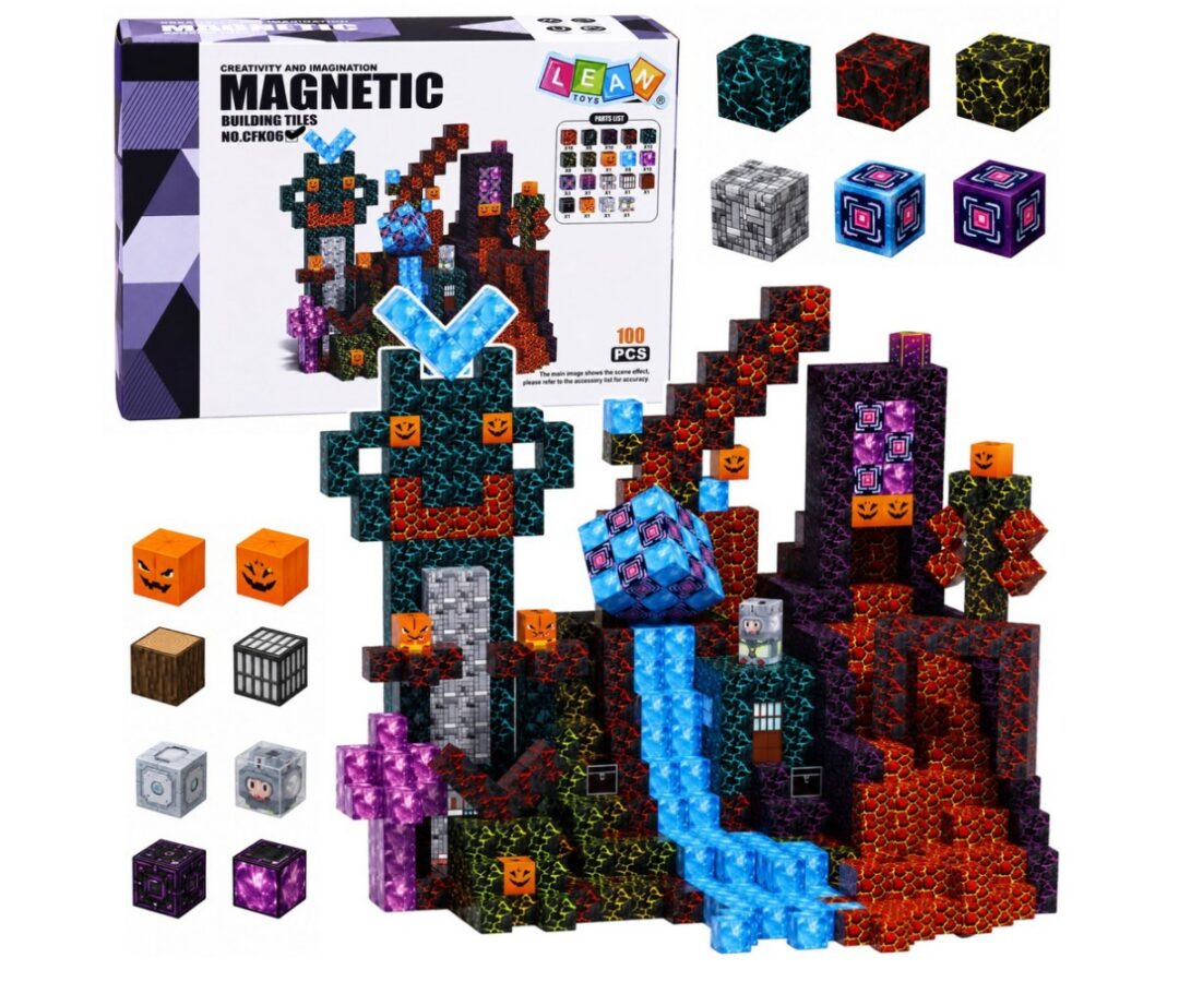 Magnetklotsid Pixel Dark World – 100-osaline STEM ehituskomplekt, avatud pakendis, erinevad klotsid ja ehitusmotiivid.
