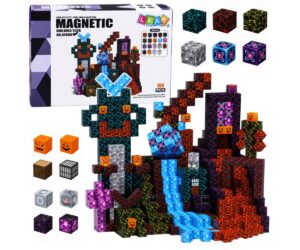 Magnetklotsid Pixel Dark World – 100-osaline STEM ehituskomplekt, avatud pakendis, erinevad klotsid ja ehitusmotiivid.
