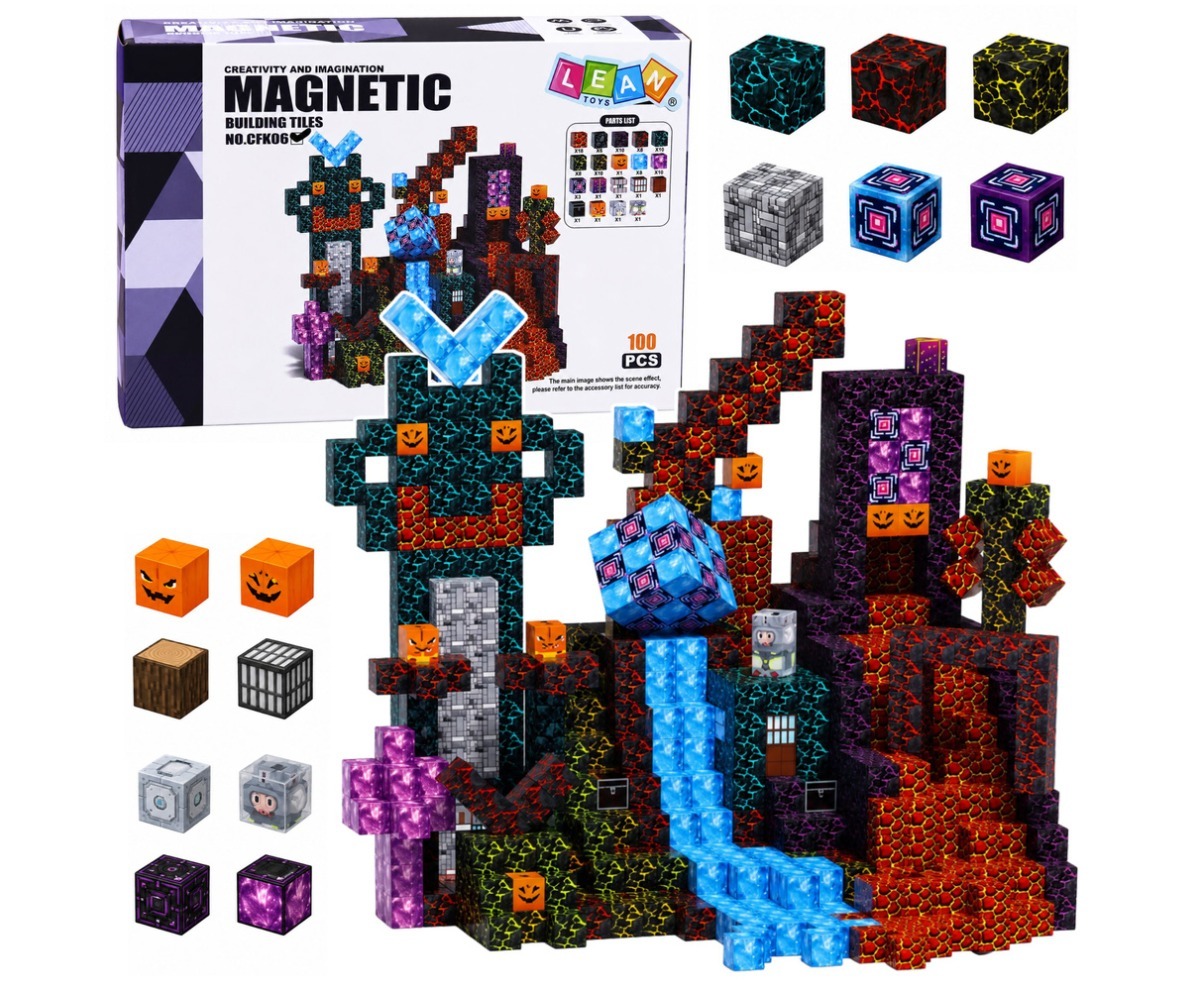 Magnetklotsid Pixel Dark World – 100-osaline STEM ehituskomplekt, avatud pakendis, erinevad klotsid ja ehitusmotiivid.