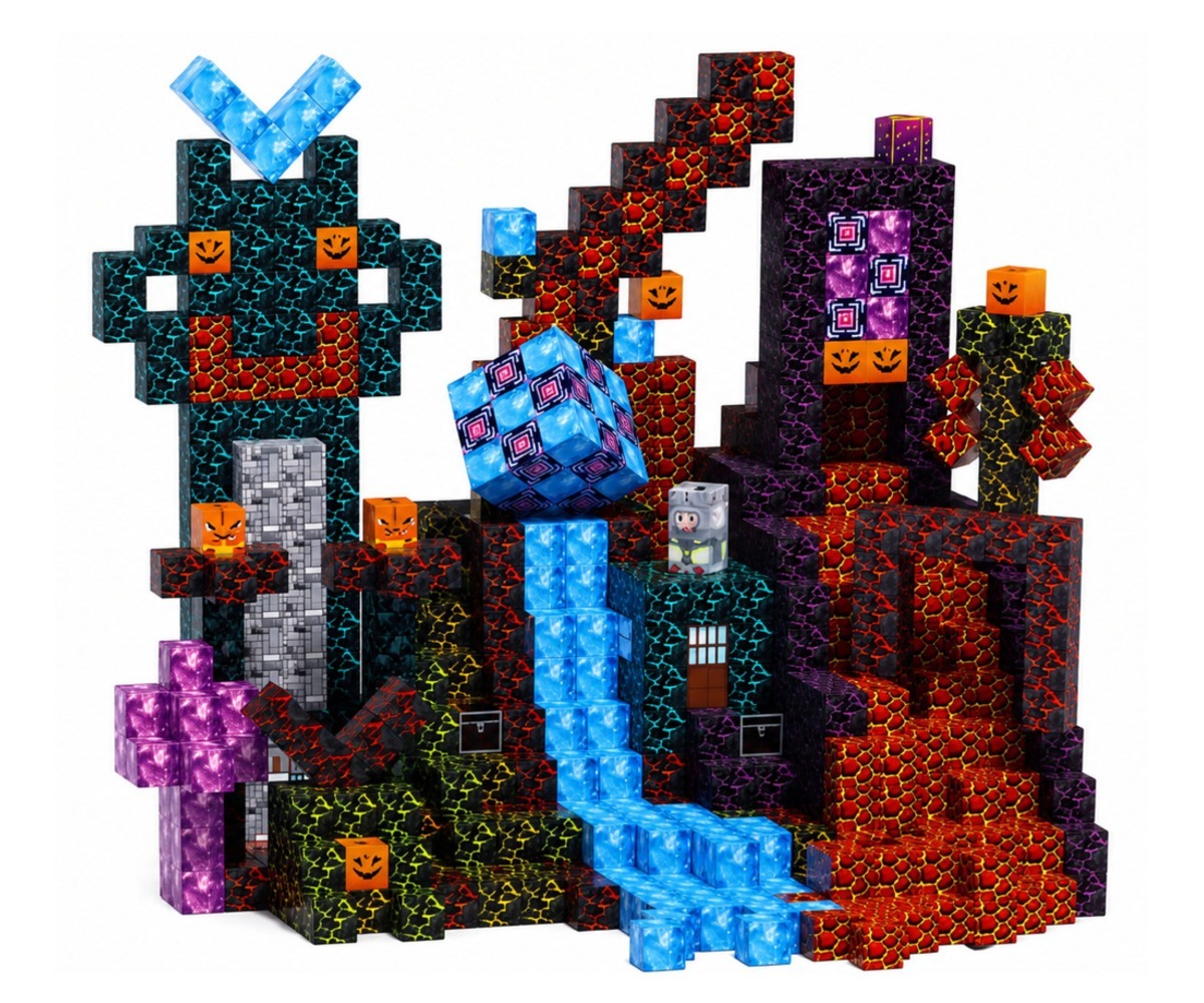 Ehitamiseks kasutatud Magnetklotsid Pixel Dark World – 100-osaline STEM ehituskomplekt, värvikirev maastik ja klotsid.