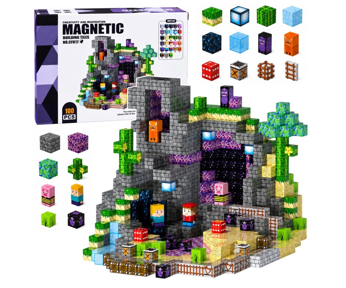 Magnetklotsid Pixel – 100-osaline piksliklotside komplekt esitleb erinevaid klotse ja detailse ehituse.