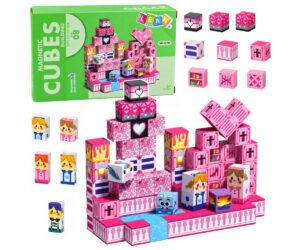 Roosad magnetklotsid Pink Cubes komplekt erinevate klotside ja mängu koostisosadega.