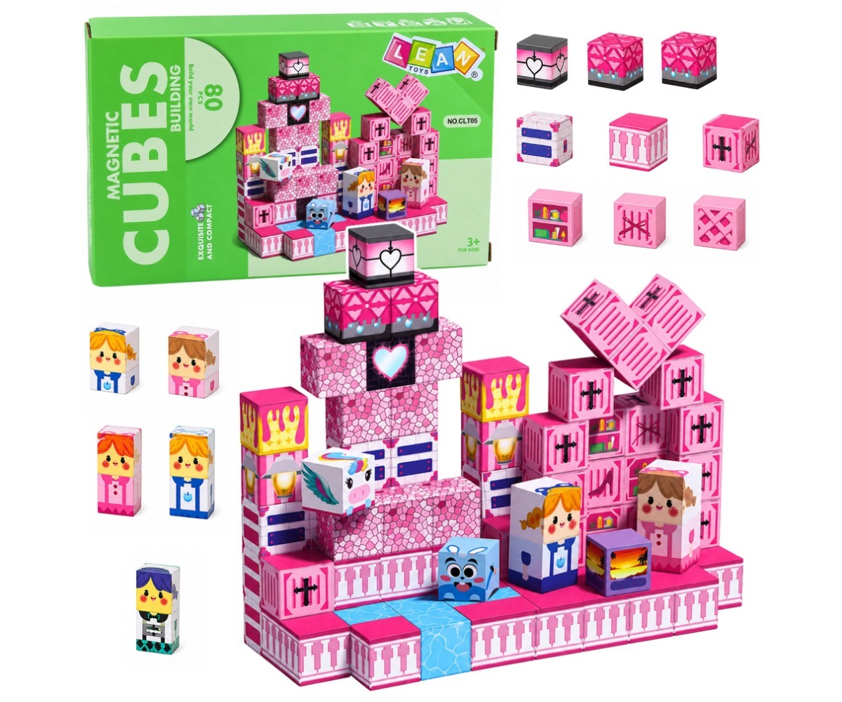 Roosad magnetklotsid Pink Cubes komplekt erinevate klotside ja mängu koostisosadega.