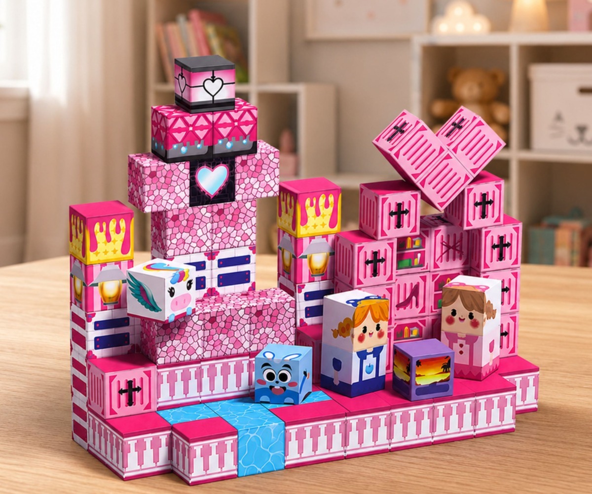 Roosad magnetklotsid Pink Cubes komplekt toob rõõmu ja loovuse igasse mängutuppa.