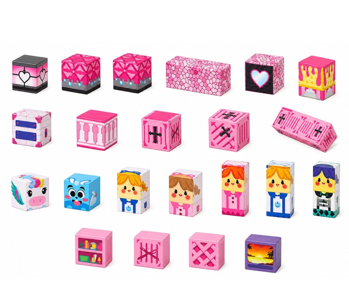 Roosad magnetklotsid Pink Cubes – 80-osaline komplekt erinevate klotside valikuga.