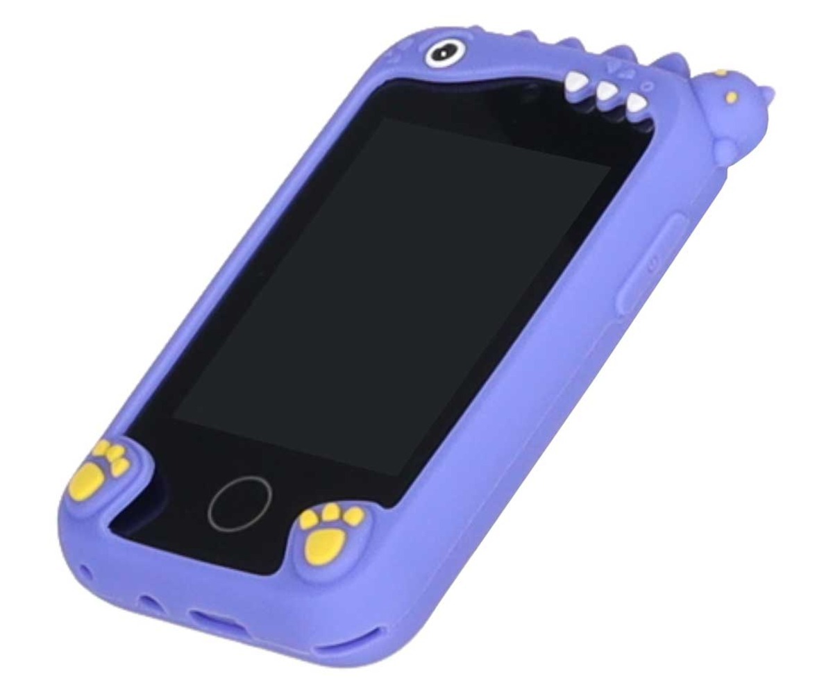 Laste nutitelefon kaamera ja mängudega Dino sinine – 8GB, pealtvaade dinozauuri disainiga telefonist.