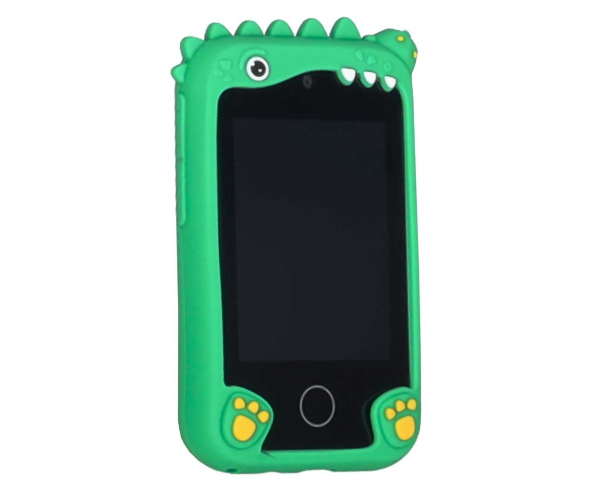Laste nutitelefon kaamera ja mängudega Dino roheline – 8 GB, eesvaade musta ekraani ja rohelise korpuse detailidega.