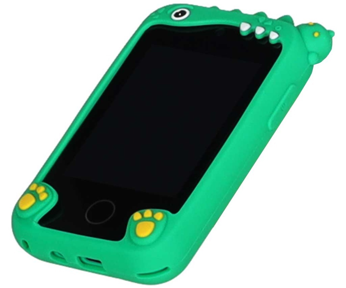 Laste nutitelefon kaamera ja mängudega Dino roheline – 8 GB, paremmine külgvaade.