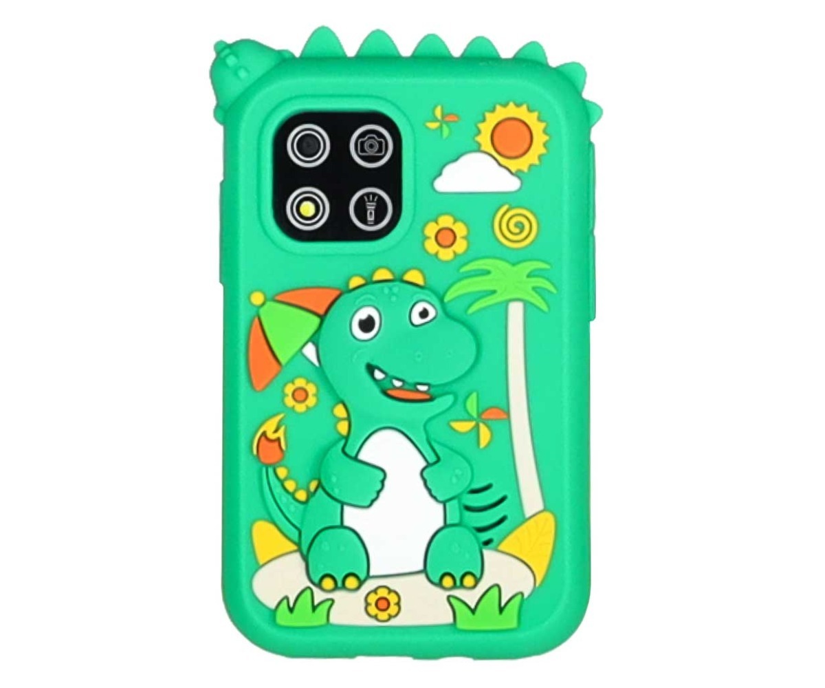 Laste nutitelefon kaamera ja mängudega Dino roheline – 8 GB, tagaküljel värvikas dinosauruse muster.