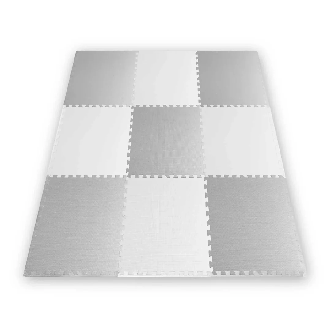 Suur vahtplastist puslematt Ricokids 180×180cm – valge/hall, 9 osa vaade, koos 9 eraldi tükiga.