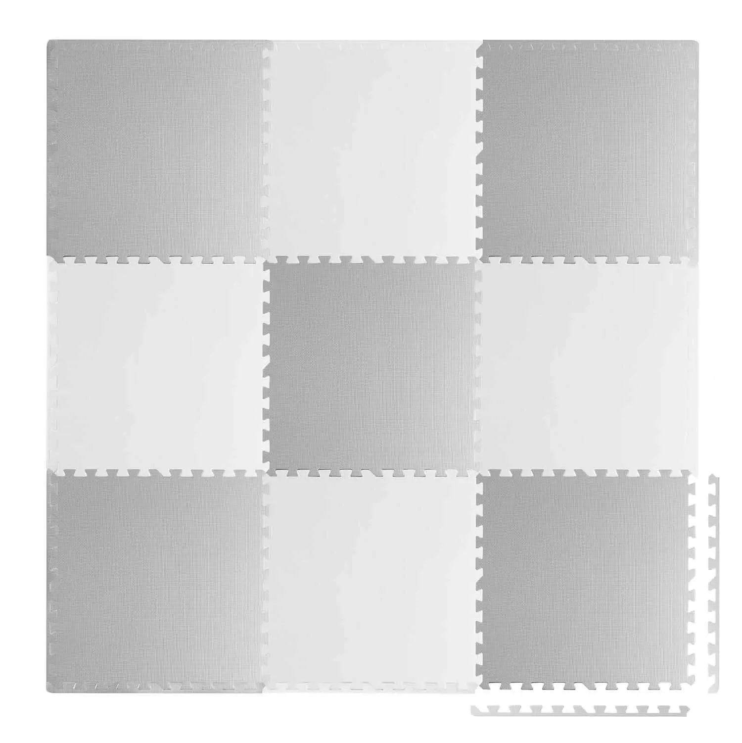 Suur vahtplastist puslematt Ricokids 180×180cm – valge/hall, 9 osa, näide puslemati ühtlasest paigaldusest.