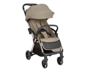 Automaatselt kokkupandav jalutuskäru Eden selgelt nähtav, beige värviga, väljendades stabiilsust ja mugavust.