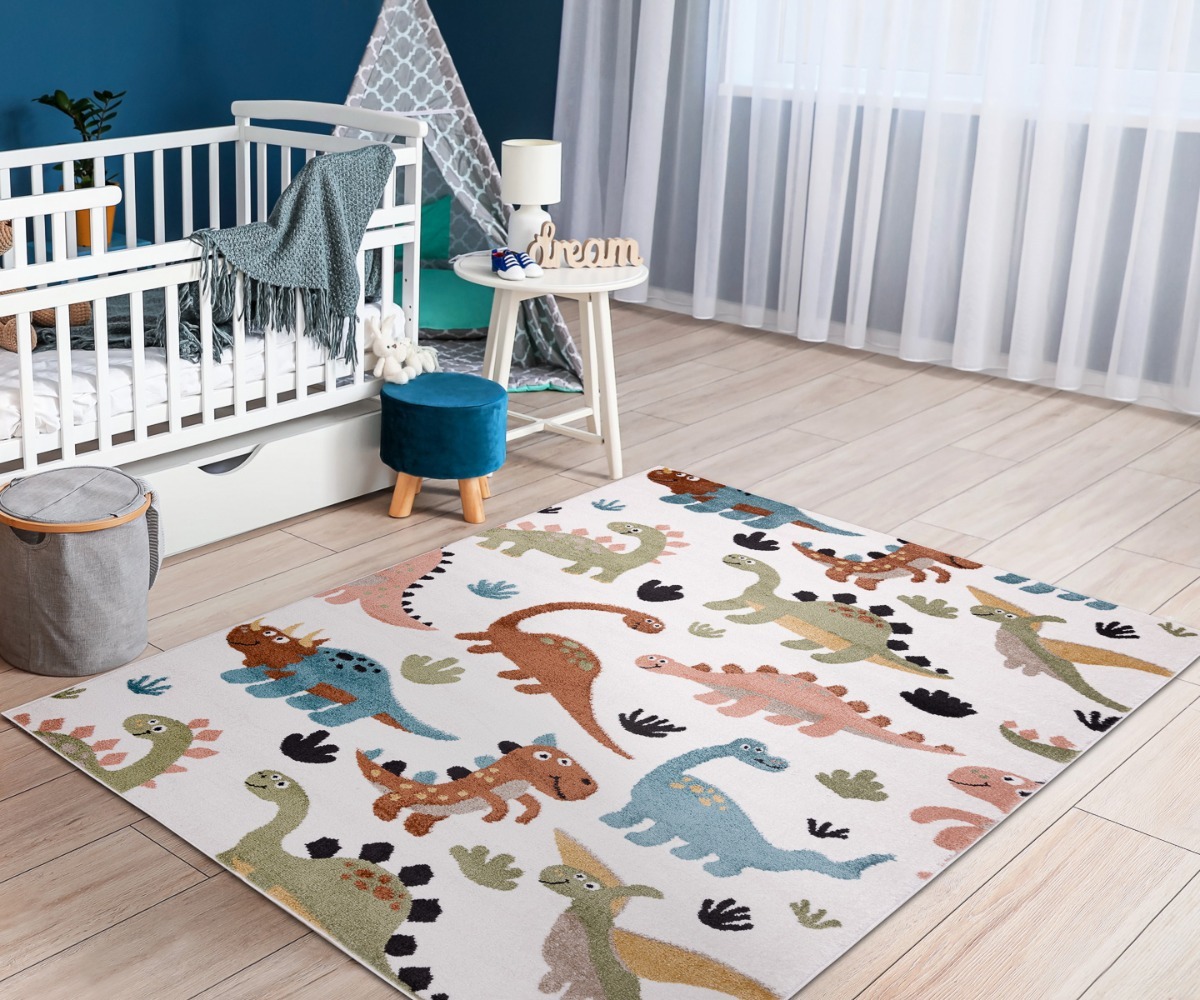 Lastetoa vaip FUN Dino kreemjas, kujundatud lastetuppa koos mööbliga