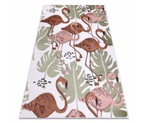 Lastetoa vaip FUN Flamingo – kreemjas, flamingode ja lehtede mustriga.