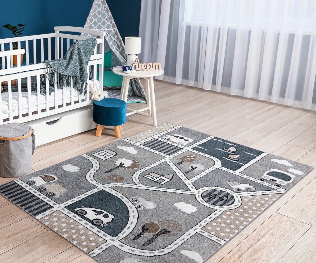 Hall Lastetoa autovaip FUN Linnatänav kaunistab lastetuba, luues mängulise ja hubase keskkonna.