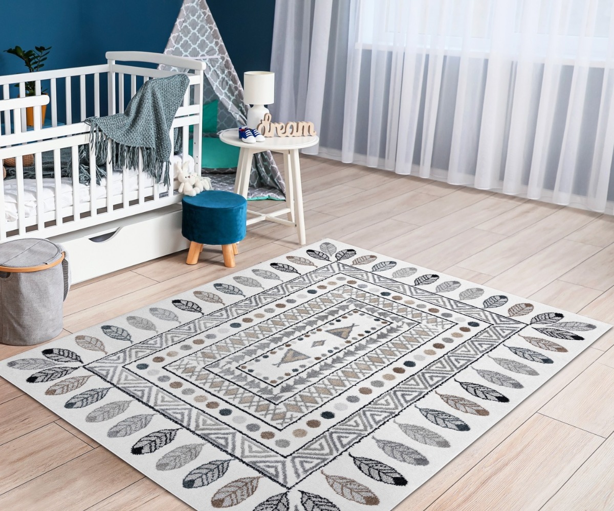 Lastetoa vaip FUN Teepee - kreemjas, asetatud lapse tuppa voodi ja mängunurgaga