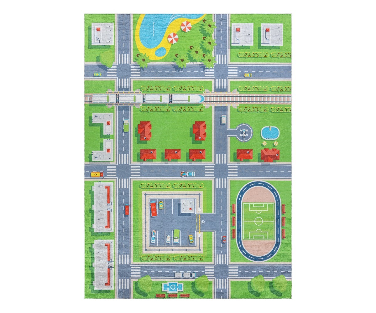 Ülemine vaade Lastetoa autovaibale BAMBINO Linnatänavad, kus on kujutatud mänguväljak ning majad.