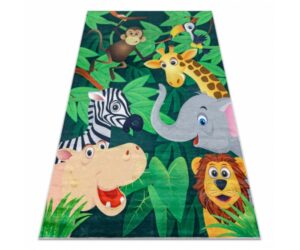 Lastetoavaip BAMBINO Loomad Aafrikas, libisemiskindel, rohelise ja pruuni tooniga lastetuppa.