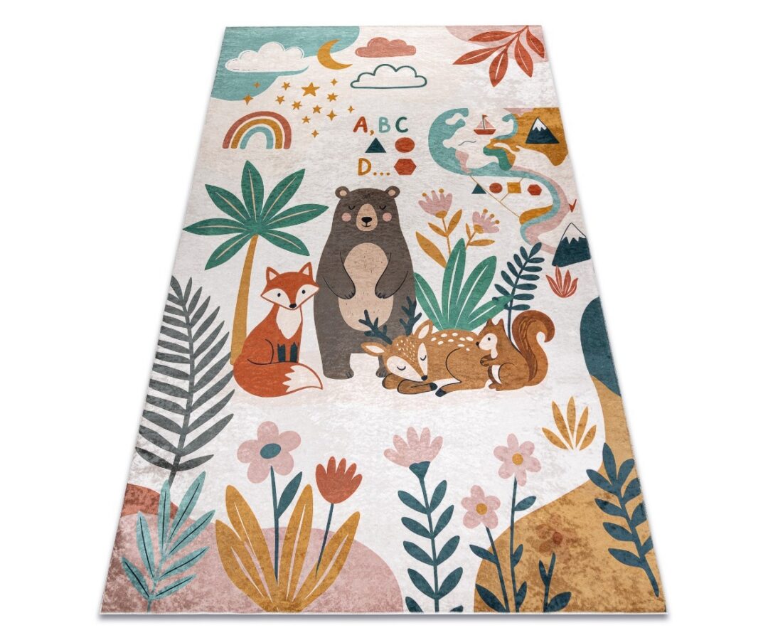 Lastetoavaip BAMBINO Metsapere libisemiskindel ja mugav, kreemjas ja roheline disain, kus on metsloomade illustrationid.