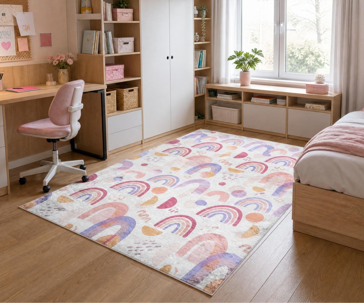 Lastetoavaip BAMBINO Vikerkaar interjööri osana, luues mugava ja hubase keskkonna.