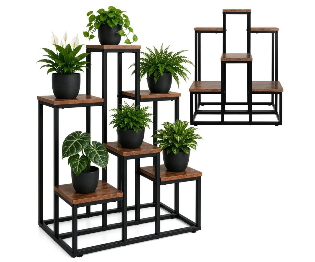 Metallist lillealus Gardlov 6 riiuliga, disainitud loft-stiilis, koos toataimedega.