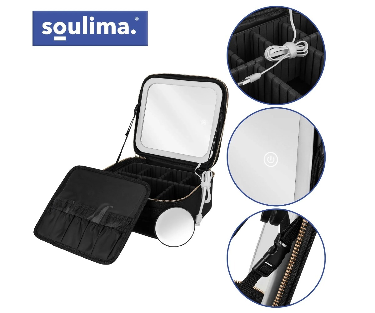 Mahukas kosmeetikakohver LED-peegliga Soulima XL – must, detailid kaabli ja peegliga.