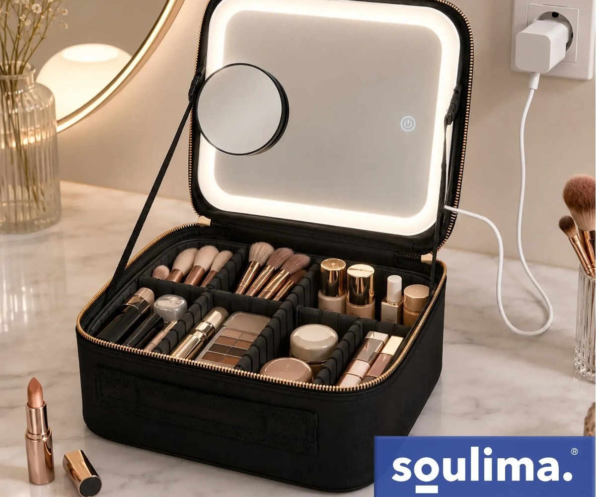 Mahukas kosmeetikakohver LED-peegliga Soulima XL – must, esitleb meike elegantses keskkonnas.
