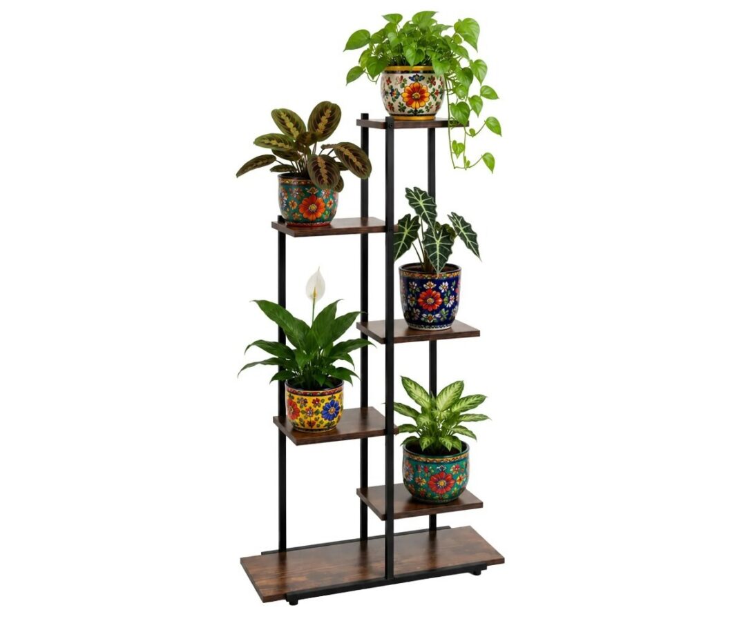Metallist lillealus Gardlov 113cm - loft-stiilis taimeriiul kaunite taimede ja potidega.