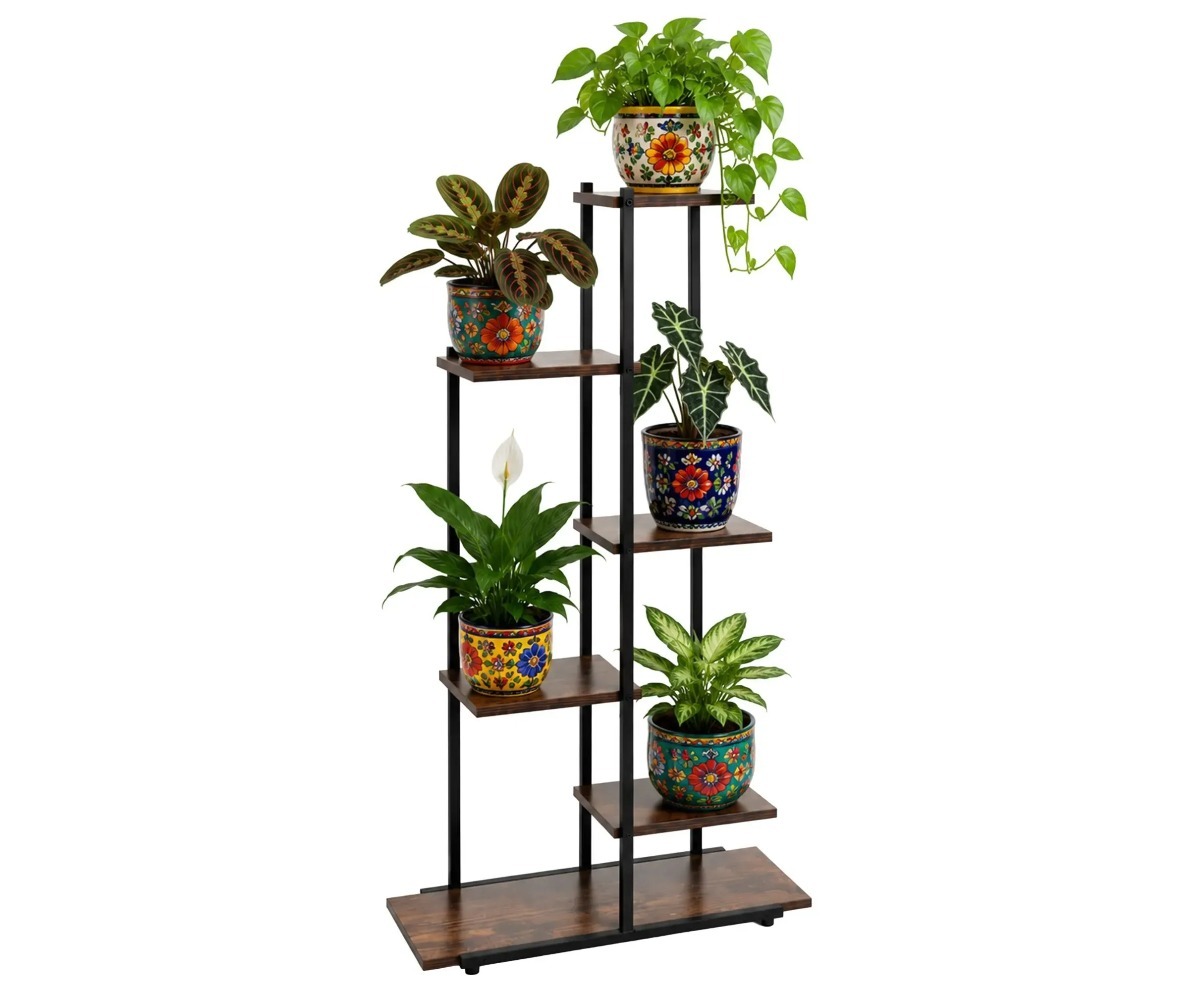 Metallist lillealus Gardlov 113cm - loft-stiilis taimeriiul kaunite taimede ja potidega.