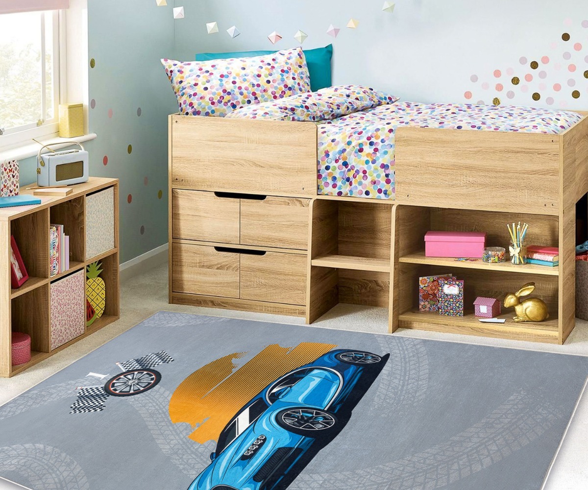Lastetoa pestav vaip BAMBINO 41730 Auto, hall/sinine, kaunistab lastetuba koos voodiga.