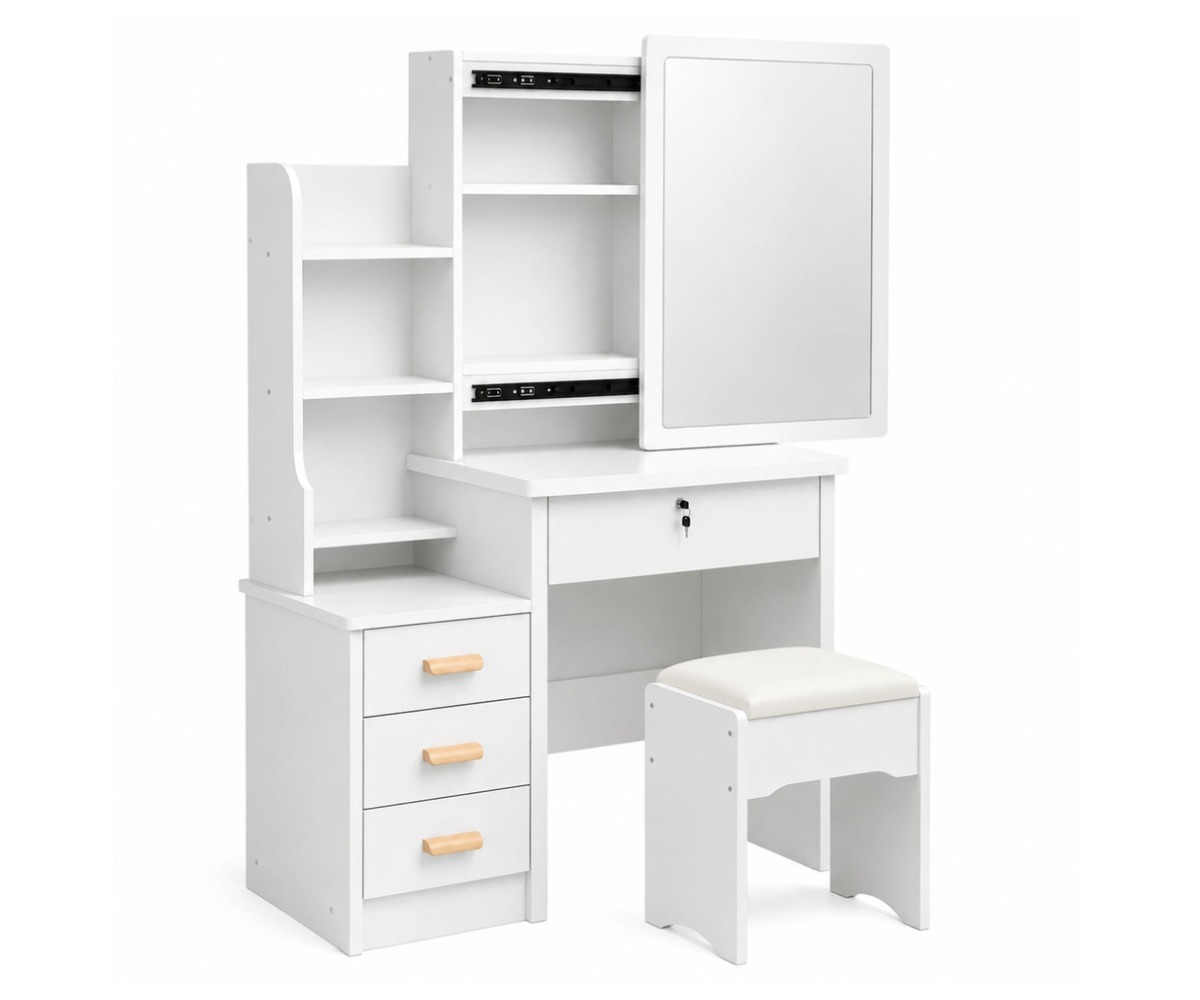 Kosmeetikalaud 80×36×131cm peegli, sahtlite, riiulite ja taburetiga – valge, laua detailne vaade.