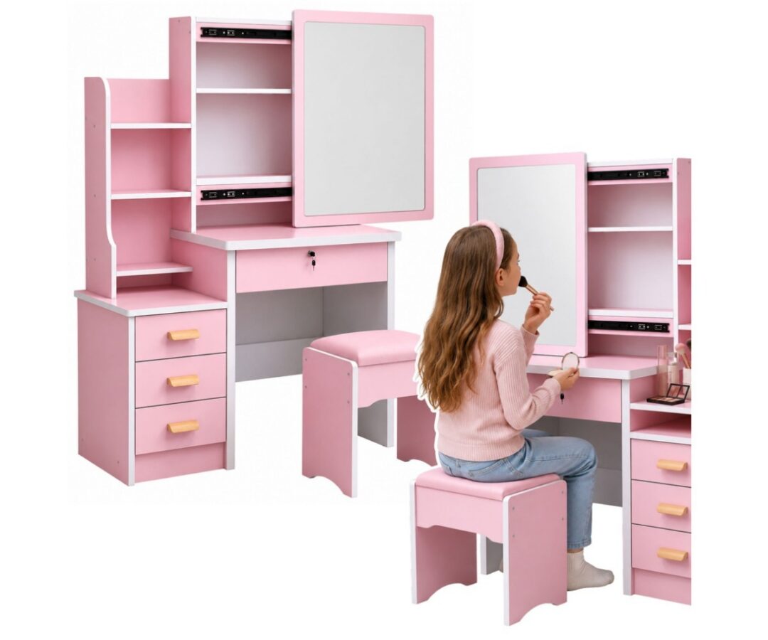 Roosa kosmeetikalaud 80×36×131cm peegli ning mugava taburetiga