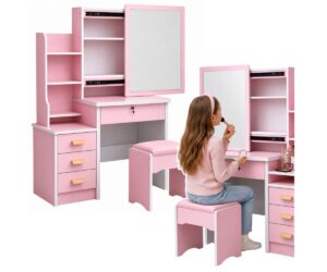 Roosa kosmeetikalaud 80×36×131cm peegli ning mugava taburetiga