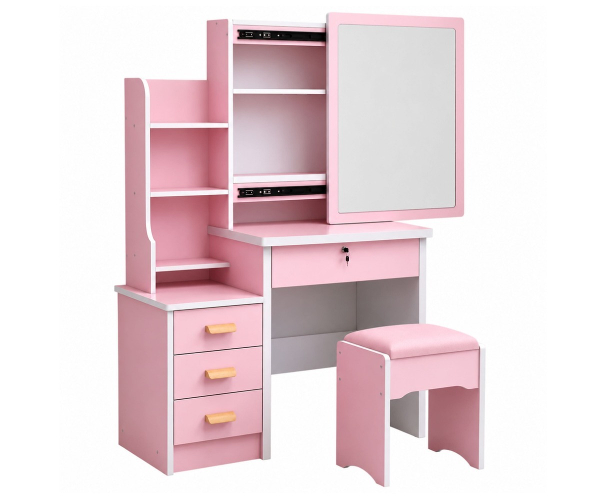 Roosa kosmeetikalaud 80×36×131cm peegli ja sahtlitega