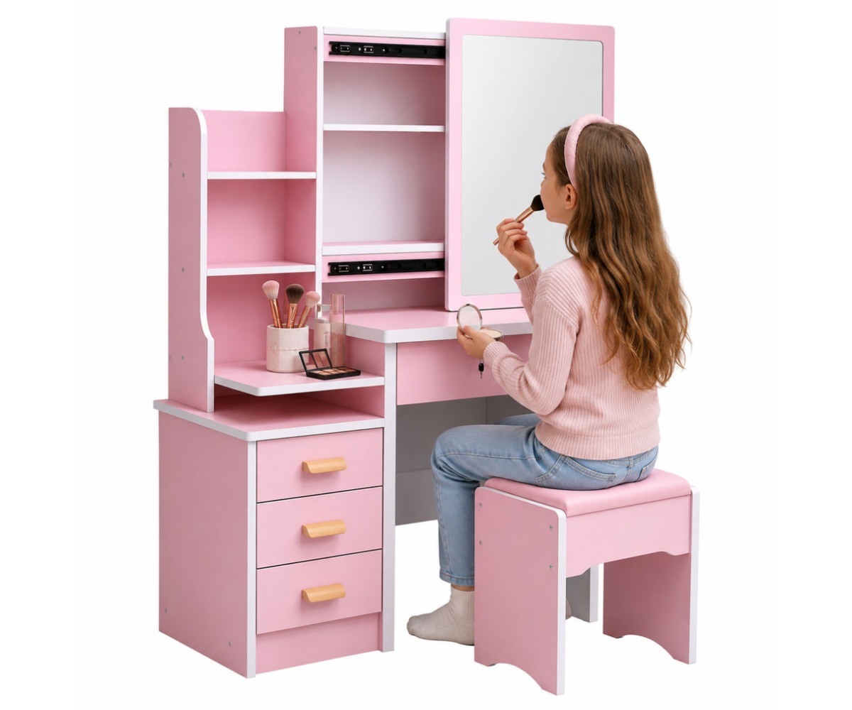 Roosa kosmeetikalaud 80×36×131cm peegli ees meikiva tüdruku poolt
