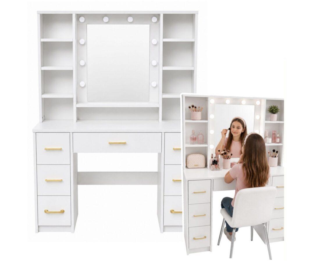 Suur kosmeetikalaud 100×40×140cm LED-peegli, riiulite ja 7 sahtliga – valge