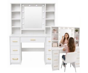 Suur kosmeetikalaud 100×40×140cm LED-peegli, riiulite ja 7 sahtliga – valge