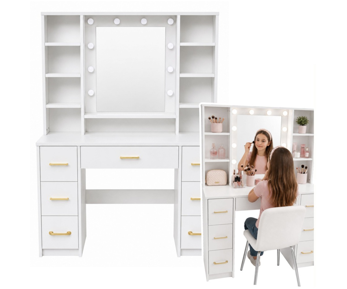 Suur kosmeetikalaud 100×40×140cm LED-peegli, riiulite ja 7 sahtliga – valge