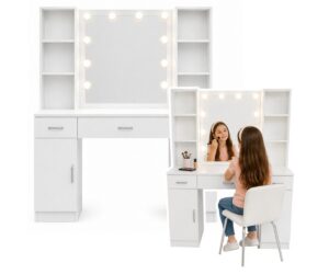 Suur kosmeetikalaud 114×40×141cm LED-peegli koos riiulitega ja sahtlitega, valge värv