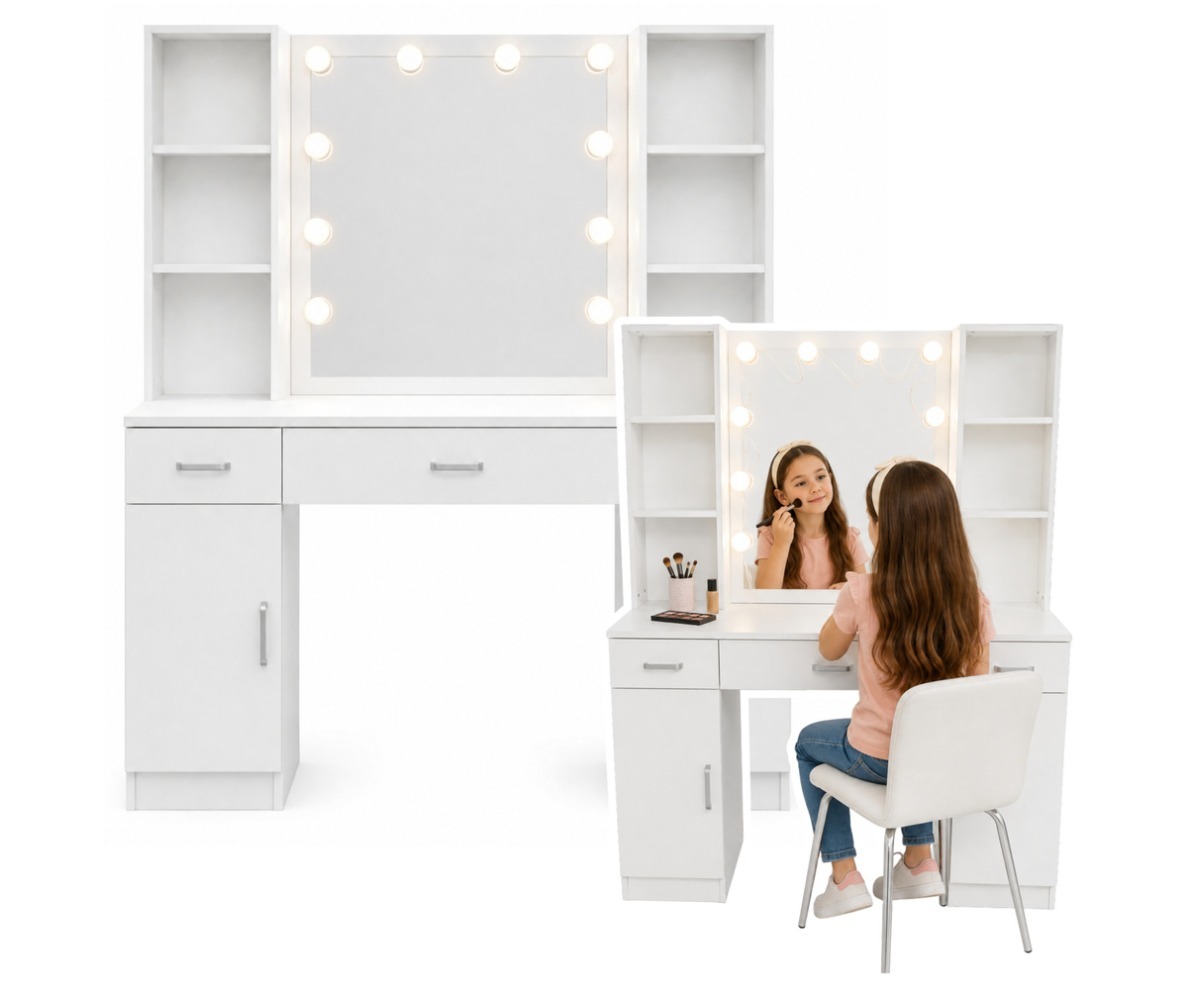 Suur kosmeetikalaud 114×40×141cm LED-peegli koos riiulitega ja sahtlitega, valge värv
