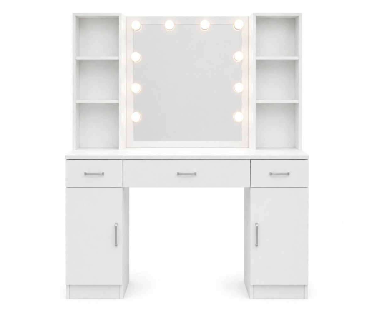 Suur kosmeetikalaud 114×40×141cm LED-peegli esikülg, näidates valget viimistlust