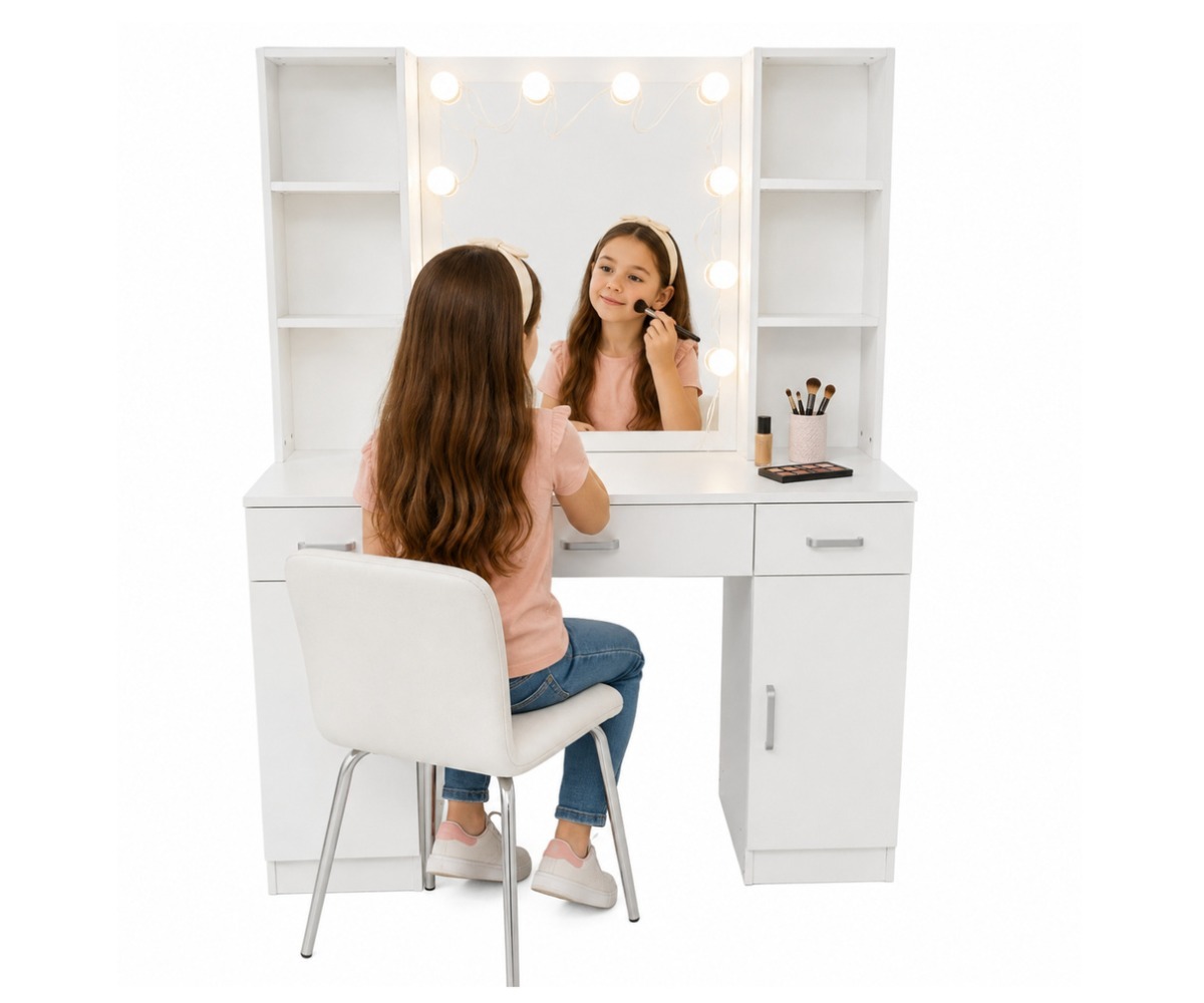 Tütarlaps, kes kasutab suurt kosmeetikalauda 114×40×141cm LED-peegli ees