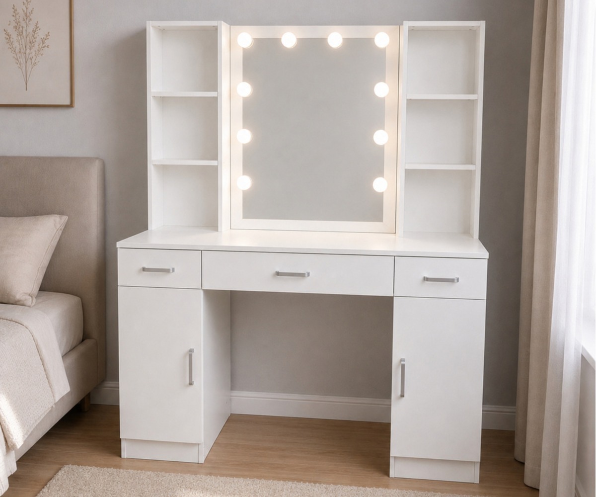 Suur kosmeetikalaud 114×40×141cm LED-peegli, valge, paigutatud magamistuppa