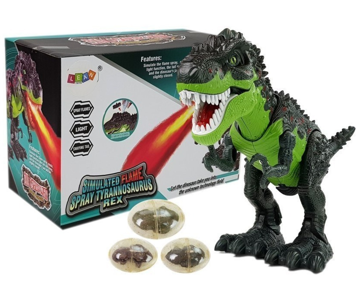 Interaktiivne Türannosaurus Rex dinosaurus, mis simuleerib tuld, koos mänguaugu ja liikuvate elementidega.