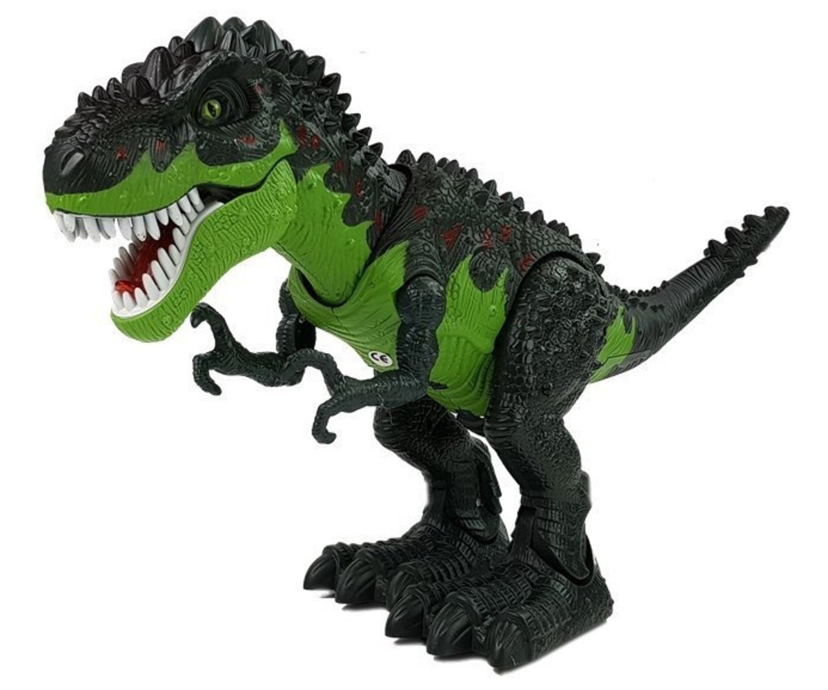 Lähedane vaade interaktiivsele Türannosaurus Rex dinosaurusele, millel on realistlikud detailid ja värvid.