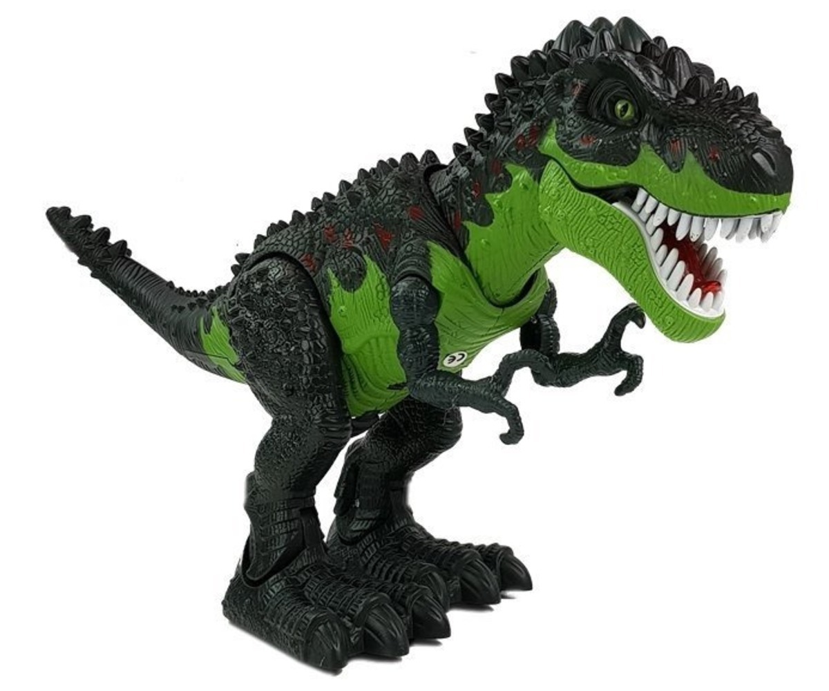 Erinevast küljest vaade interaktiivsele Türannosaurus Rex dinosaurusele, millel on liikuvad osad.