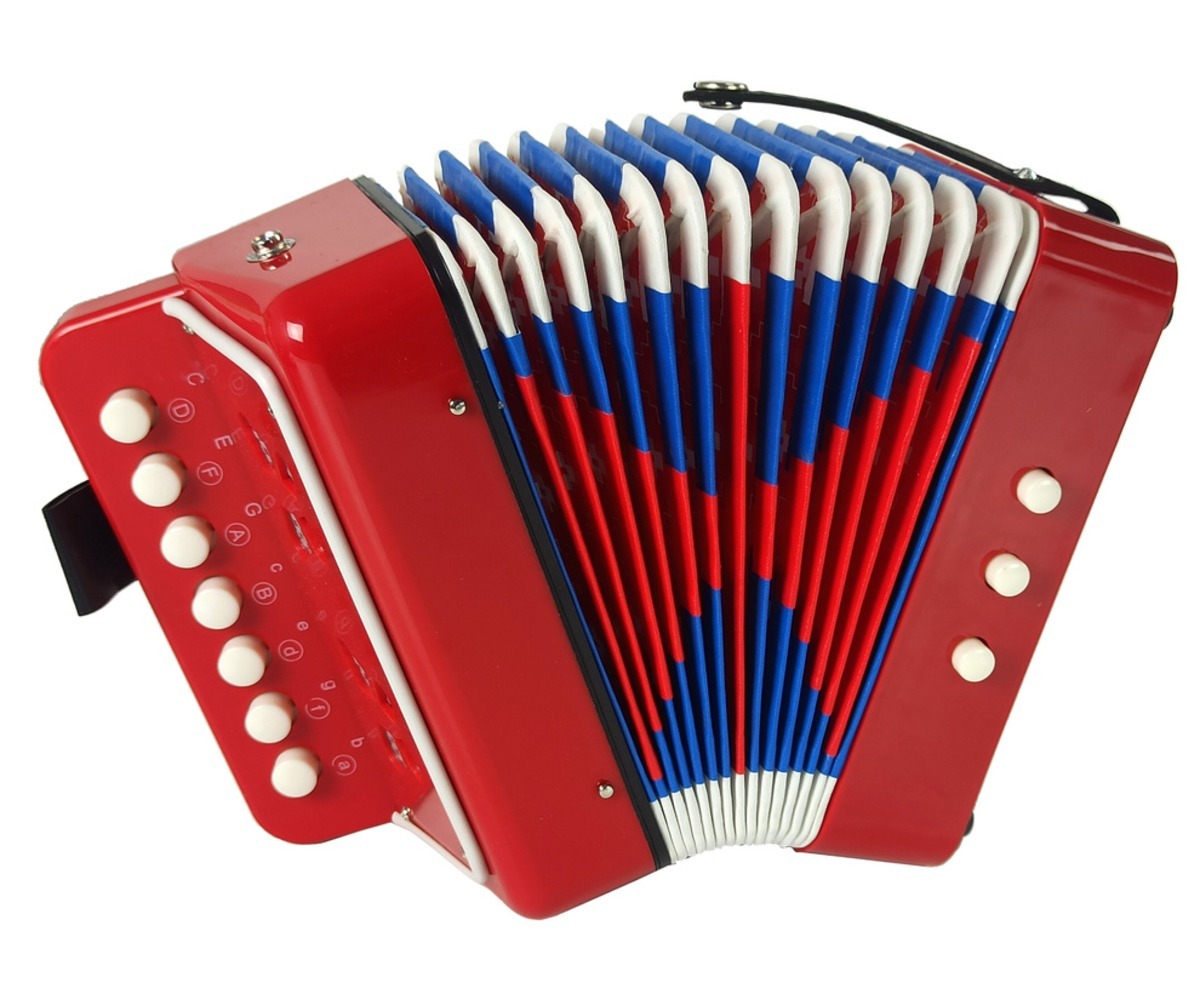 Laste akordion Little Musician – punane (3+) detailne külgvaade, värvikas ja atraktiivne